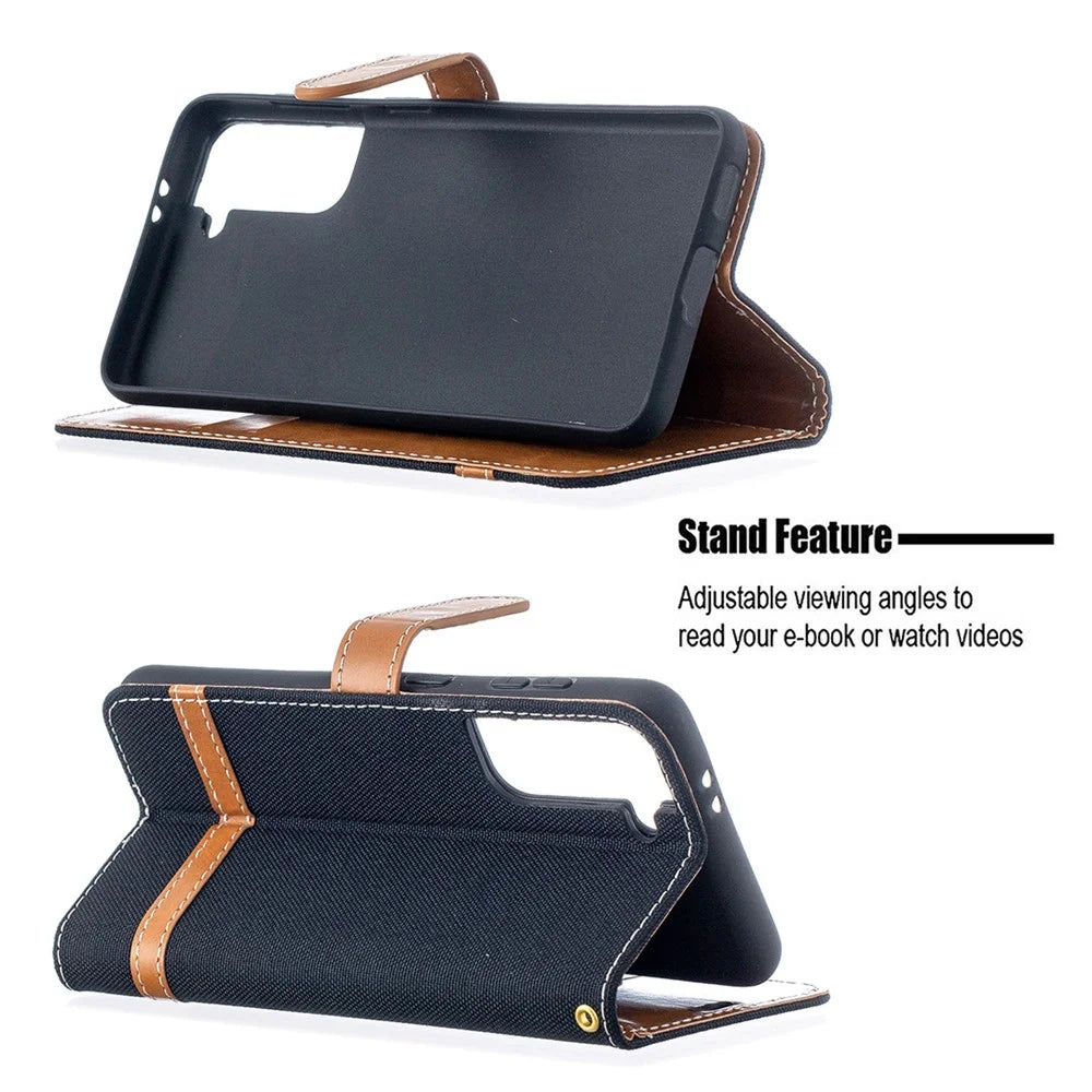 Color Splicing Jeans Cloth Skin Wallet Leather Phone Shell for Samsung Galaxy S21 4G/5G - Black - 5