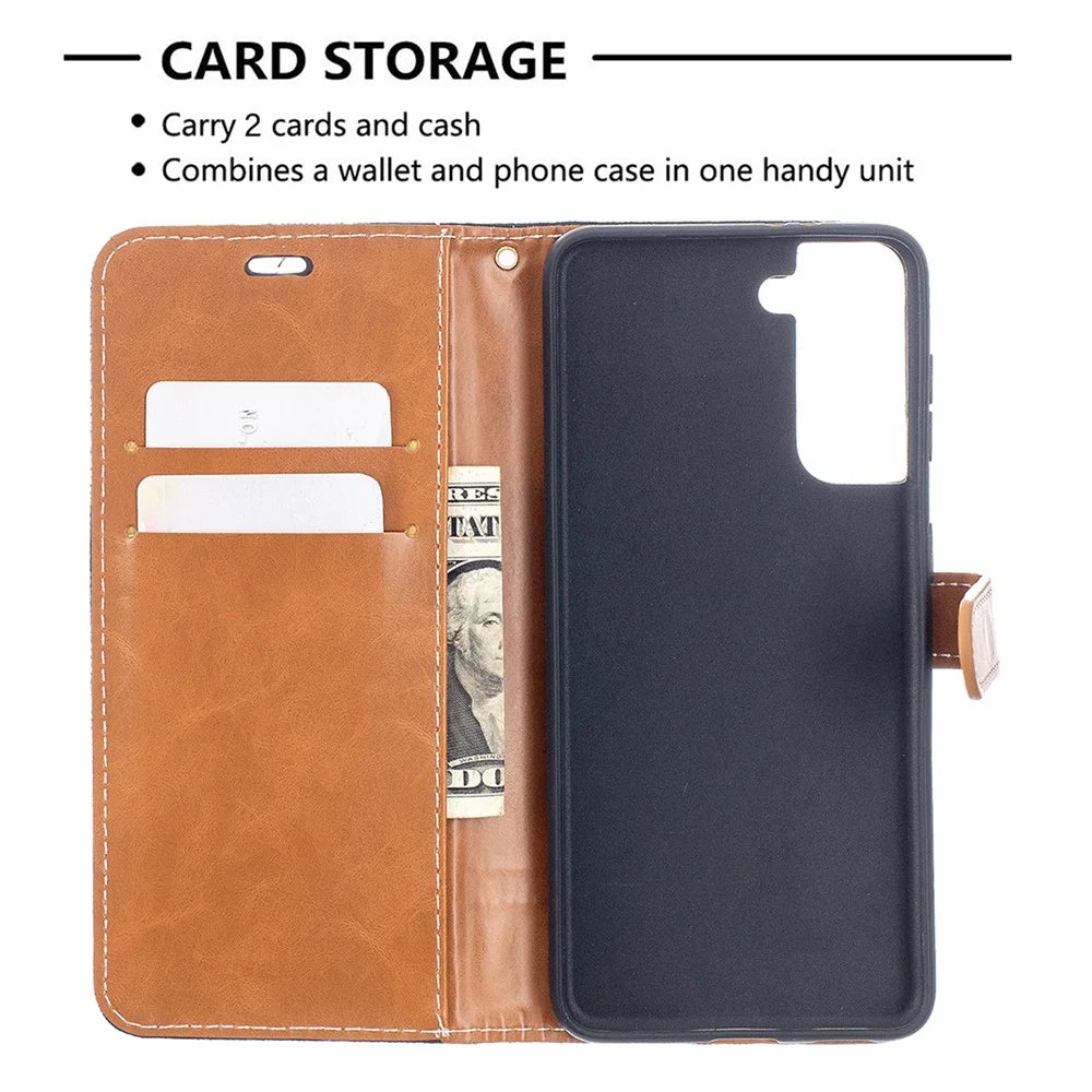 Color Splicing Jeans Cloth Skin Wallet Leather Phone Shell for Samsung Galaxy S21 4G/5G - Black - 6