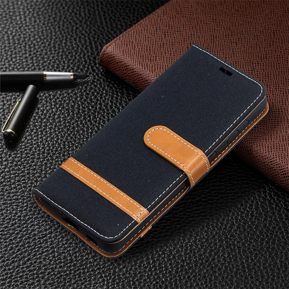 Color Splicing Jeans Cloth Skin Wallet Leather Phone Shell for Samsung Galaxy S21 4G/5G - Black - 7