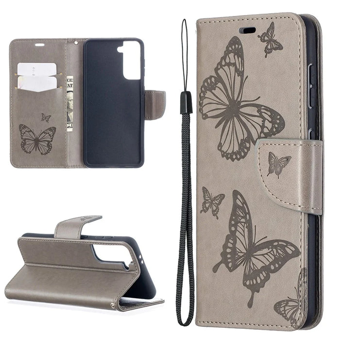Imprint Butterflies Pattern Wallet Stand Leather Phone Cover for Samsung Galaxy S21 4G / 5G - Grey - 1