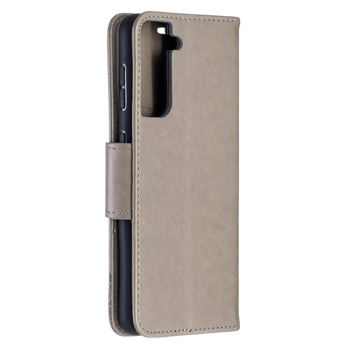 Imprint Butterflies Pattern Wallet Stand Leather Phone Cover for Samsung Galaxy S21 4G / 5G - Grey - 3