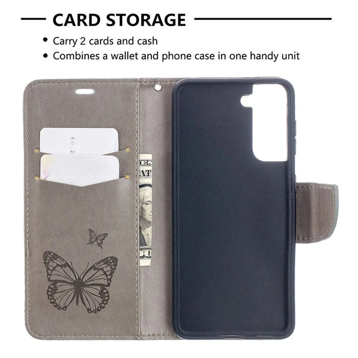Imprint Butterflies Pattern Wallet Stand Leather Phone Cover for Samsung Galaxy S21 4G / 5G - Grey - 6