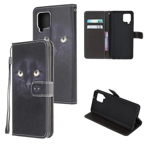 Pattern Printing Cross Texture Leather Wallet Phone Stand Protective Case for Samsung Galaxy A12 - Black Cat - 1