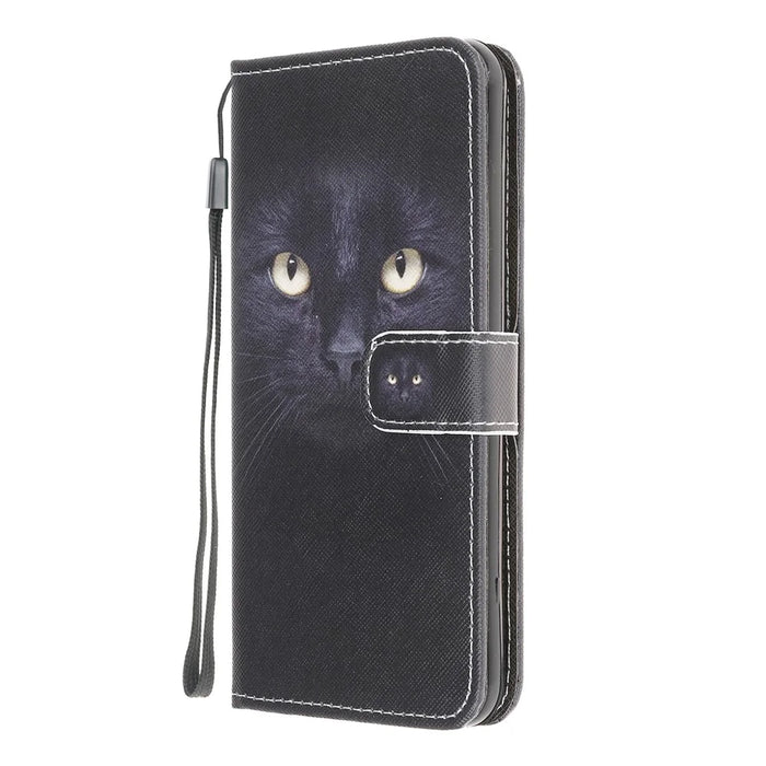 Pattern Printing Cross Texture Leather Wallet Phone Stand Protective Case for Samsung Galaxy A12 - Black Cat - 2