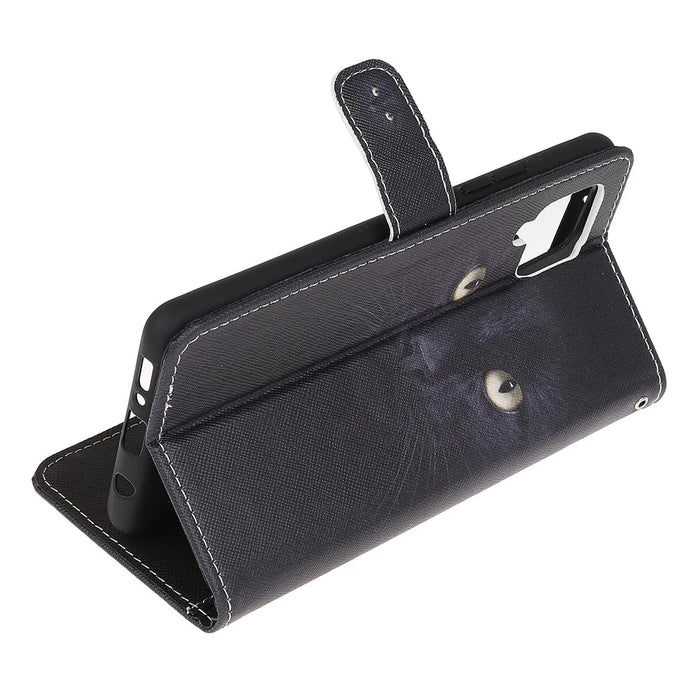 Pattern Printing Cross Texture Leather Wallet Phone Stand Protective Case for Samsung Galaxy A12 - Black Cat - 4