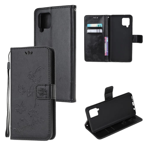 Imprint Butterfly Flowers Leather Wallet Phone Cover for Samsung Galaxy A12 Cell Phone Accessory - Black - 1
