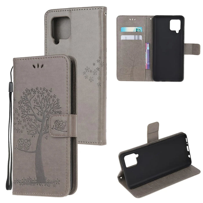 Imprint Tree Owl Leather Stylish Wallet Case for Samsung Galaxy A12 - Grey - 1