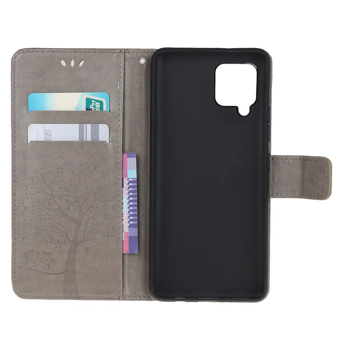 Imprint Tree Owl Leather Stylish Wallet Case for Samsung Galaxy A12 - Grey - 5