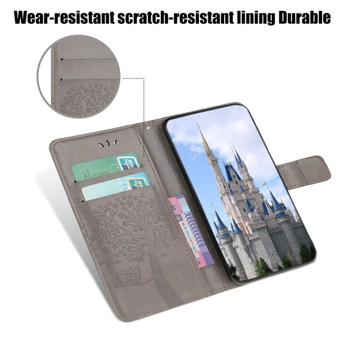 Imprint Tree Owl Leather Stylish Wallet Case for Samsung Galaxy A12 - Grey - 6