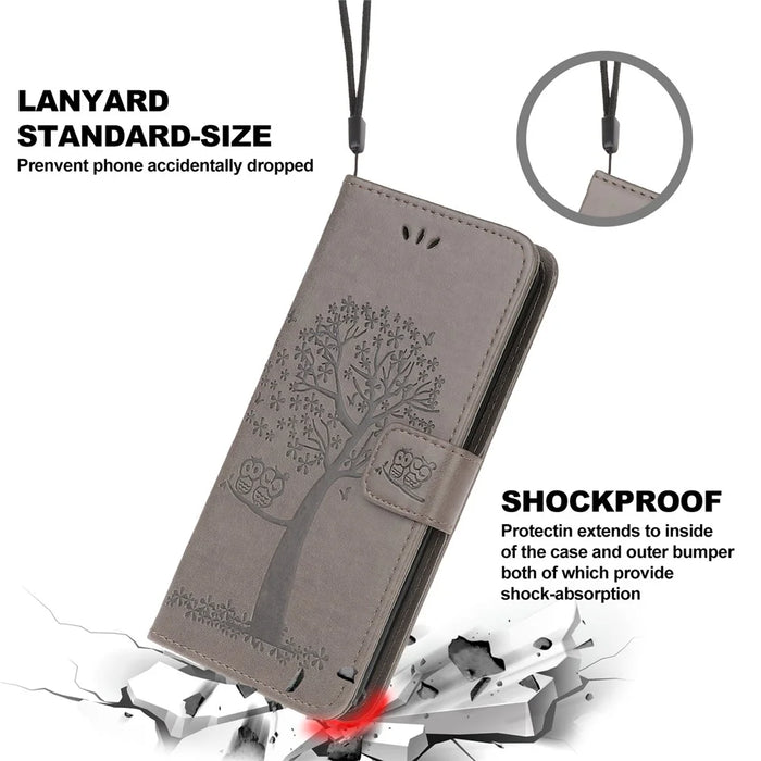 Imprint Tree Owl Leather Stylish Wallet Case for Samsung Galaxy A12 - Grey - 7