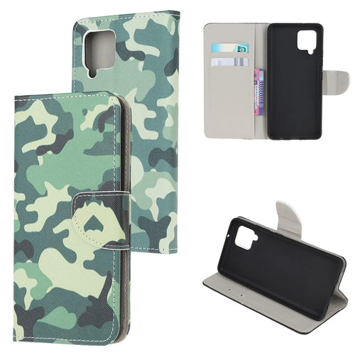 Pattern Printing Cross Texture Leather Wallet Phone Stand Protective Case for Samsung Galaxy A12 - Camouflage - 1