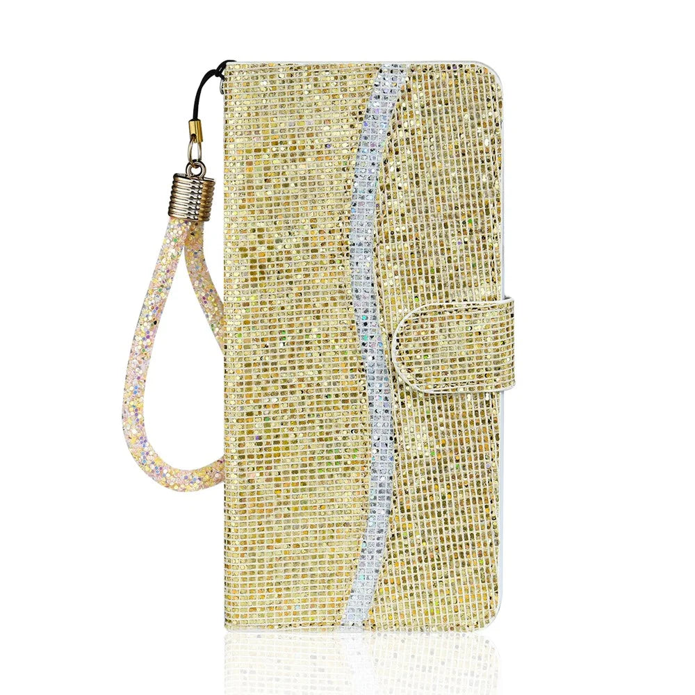 For Samsung Galaxy S20 FE 4G/5G/S20 Lite/S20 FE 2022 Glittery Powder Splicing Leather Wallet Stand Phone Cover - Gold - 1