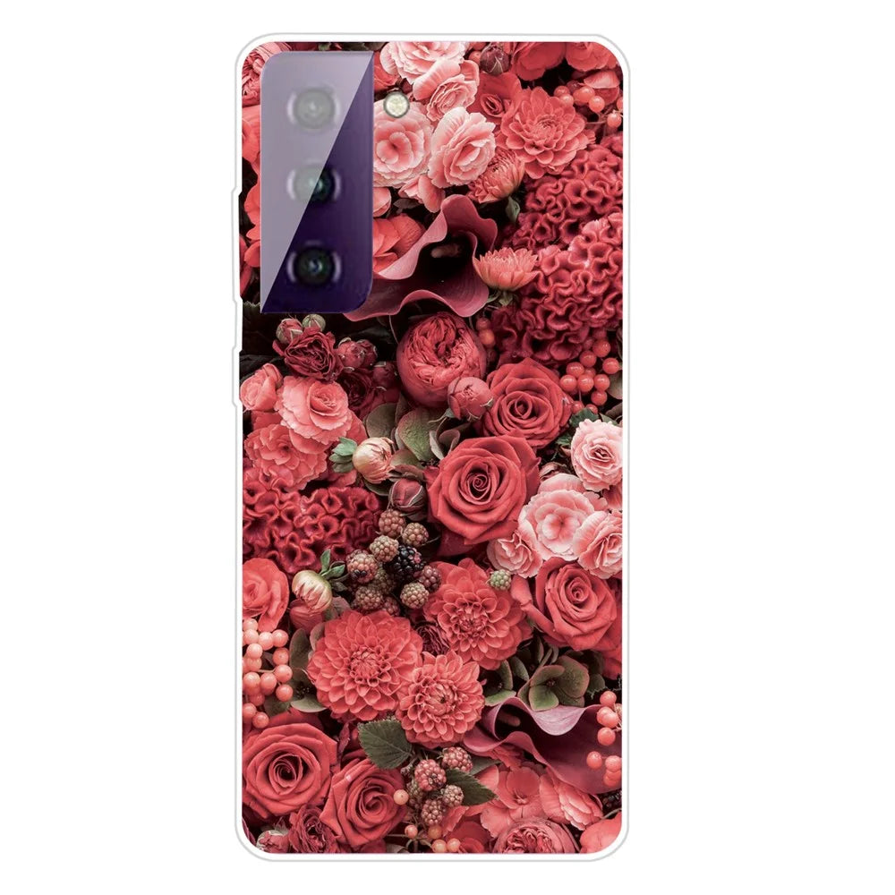 Pattern Printing Workmanship TPU Phone Cover Case for Samsung Galaxy S21 4G/5G - Red Flowers - 1