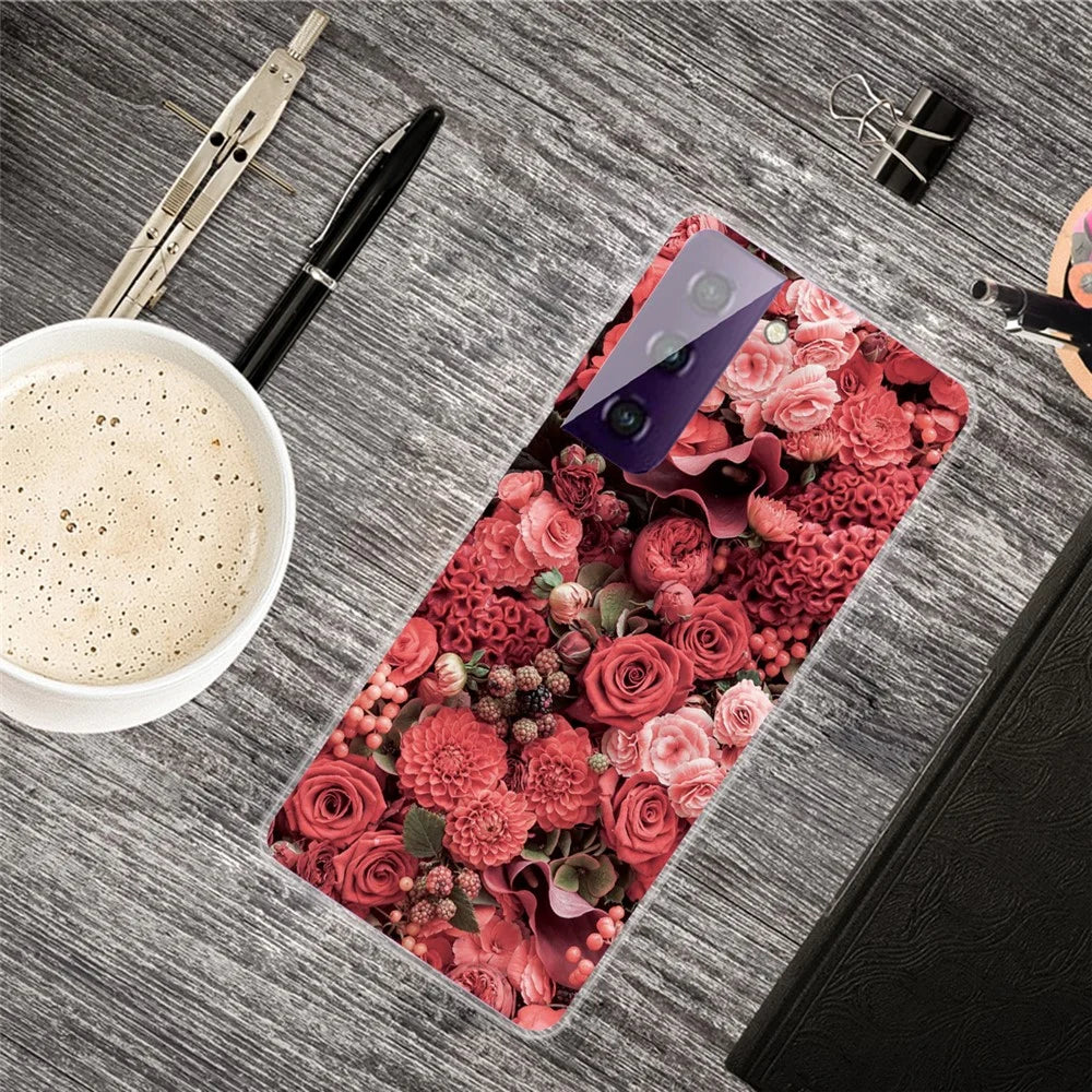 Pattern Printing Workmanship TPU Phone Cover Case for Samsung Galaxy S21 4G/5G - Red Flowers - 2