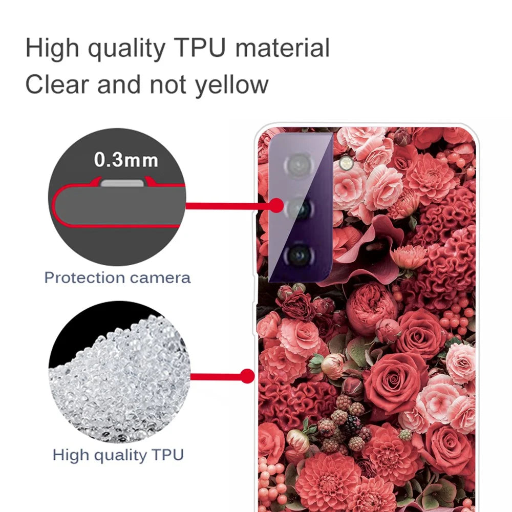 Pattern Printing Workmanship TPU Phone Cover Case for Samsung Galaxy S21 4G/5G - Red Flowers - 4