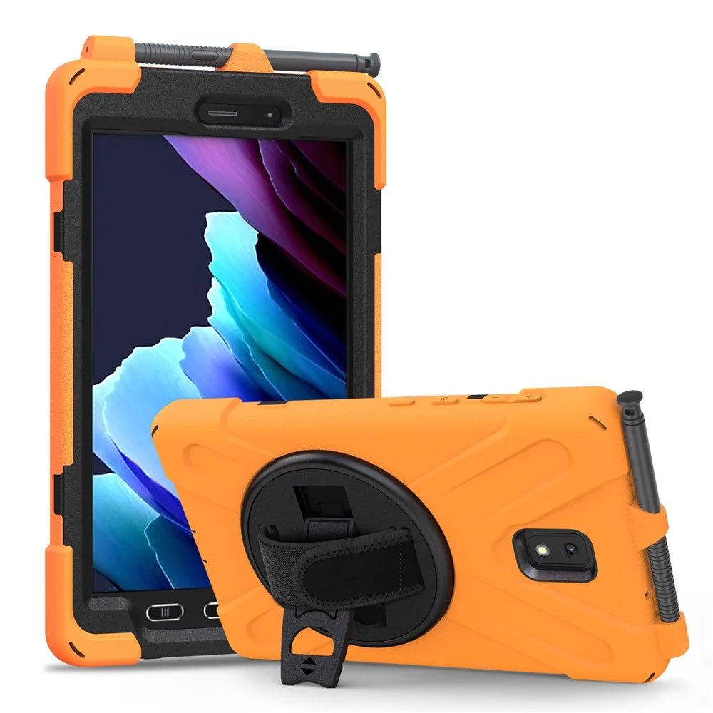 PC and Silicone Tablet Case + Pen Slot + Hand Band + 360° Swivel Kickstand for Samsung Galaxy Tab Active 3 T570/T575/T575N/T577 - Orange - 1