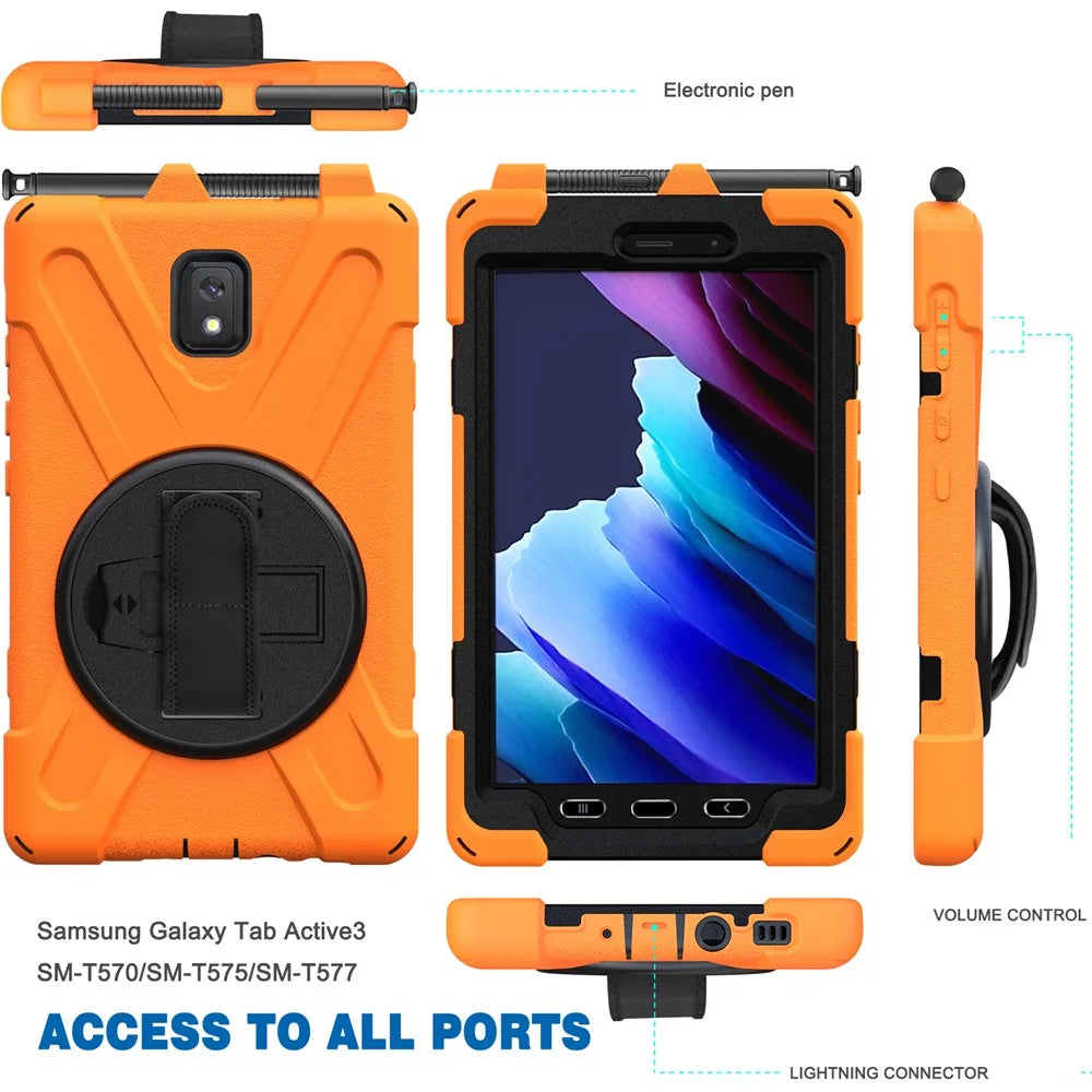 PC and Silicone Tablet Case + Pen Slot + Hand Band + 360° Swivel Kickstand for Samsung Galaxy Tab Active 3 T570/T575/T575N/T577 - Orange - 3