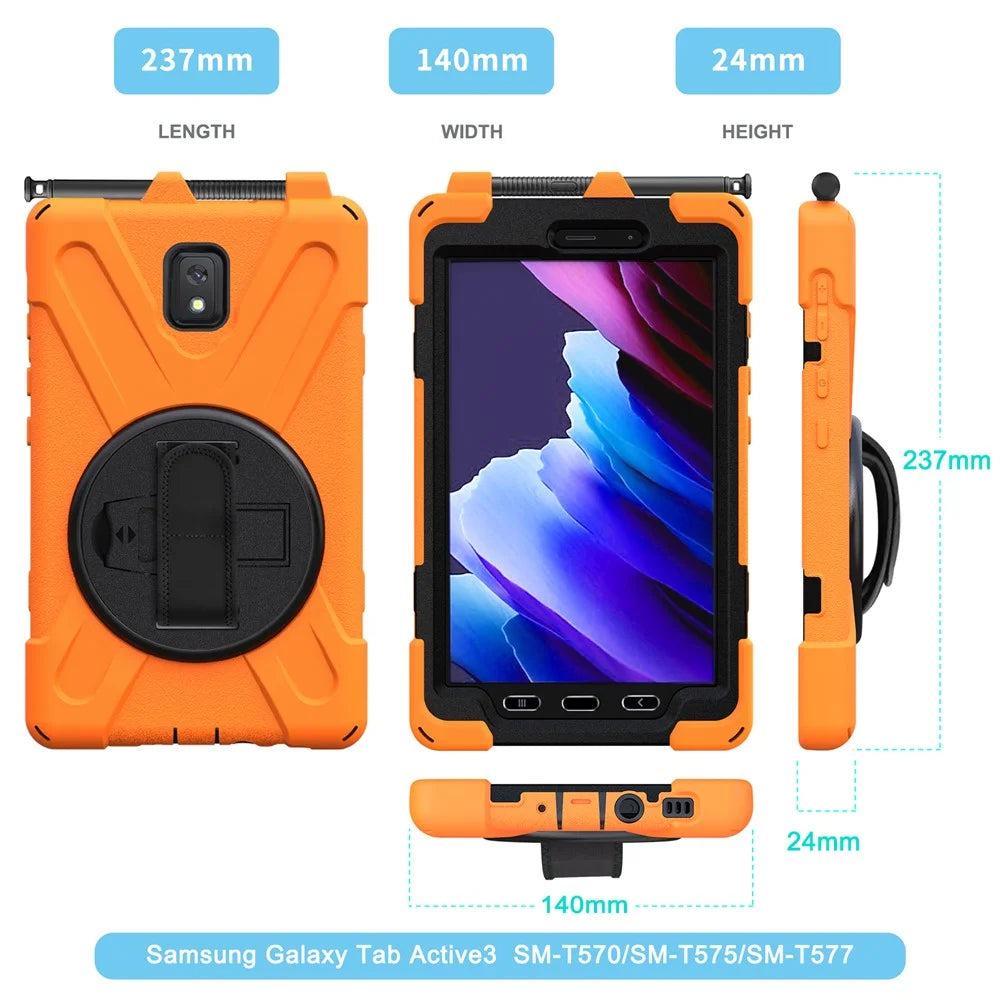 PC and Silicone Tablet Case + Pen Slot + Hand Band + 360° Swivel Kickstand for Samsung Galaxy Tab Active 3 T570/T575/T575N/T577 - Orange - 7