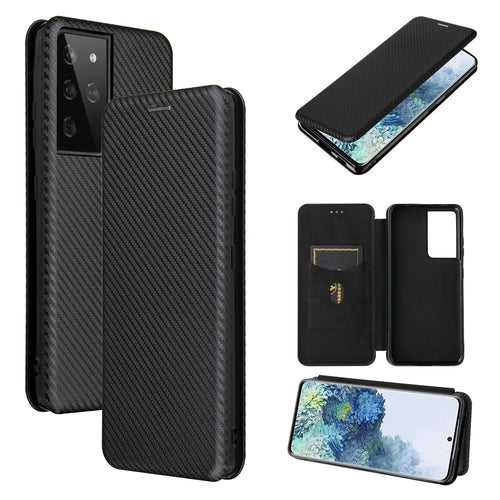 Anti-scratch Carbon Fiber Texture Auto-absorbed Leather Case for Samsung Galaxy S21 Ultra 5G Protective Shell - Black - 1