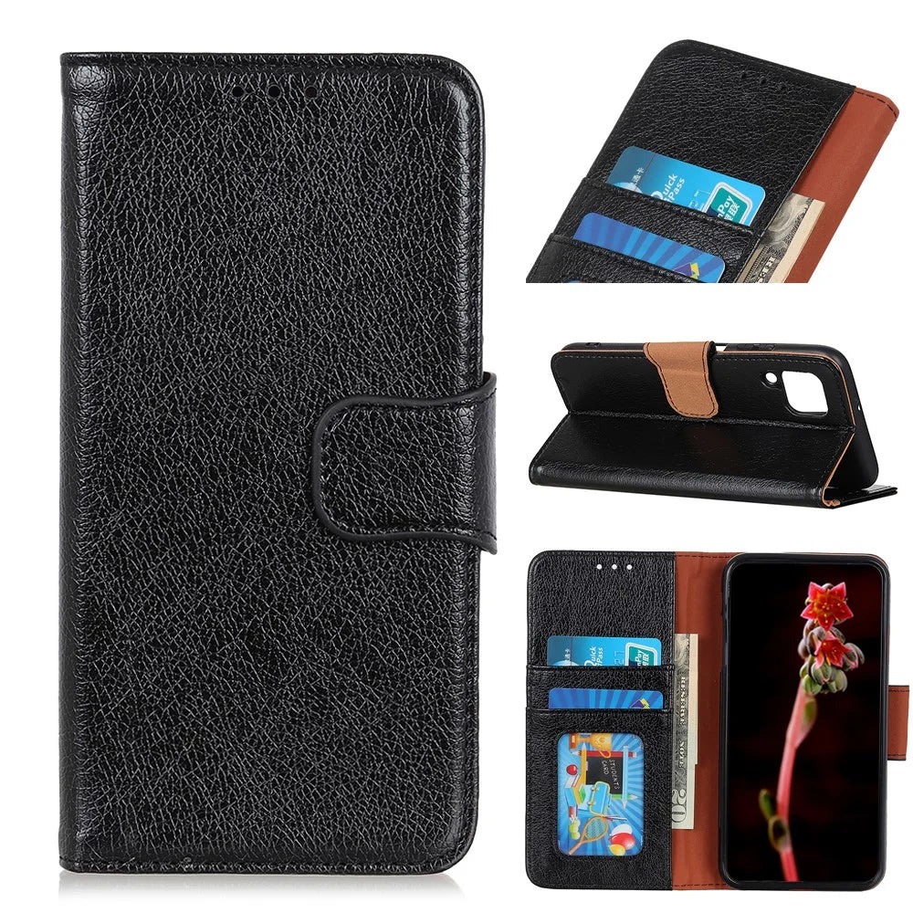 Shockproof Phone Case for Samsung Galaxy A12 Nappa Texture Split Leather Flip Folio Cover Protective Phone Shell with Stand Wallet - Black - 1