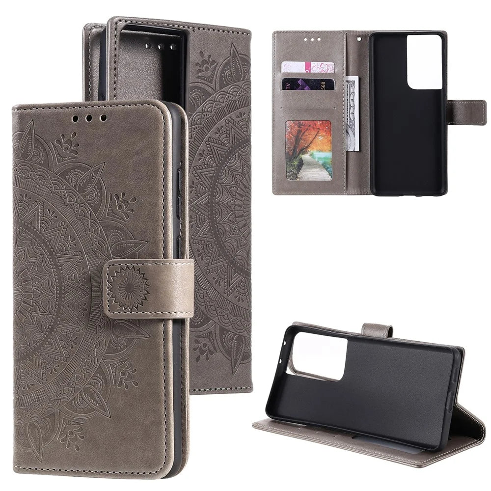 Imprinted Mandala Flower Wallet Leather Case for Samsung Galaxy S21 Ultra 5G Flip Cover - Grey - 1