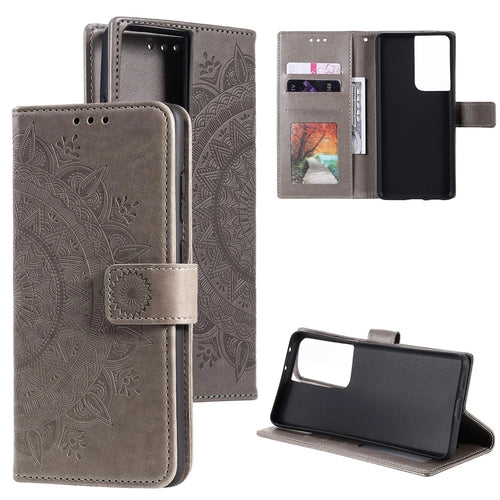 Imprinted Mandala Flower Wallet Leather Case for Samsung Galaxy S21 Ultra 5G Flip Cover - Grey - 1