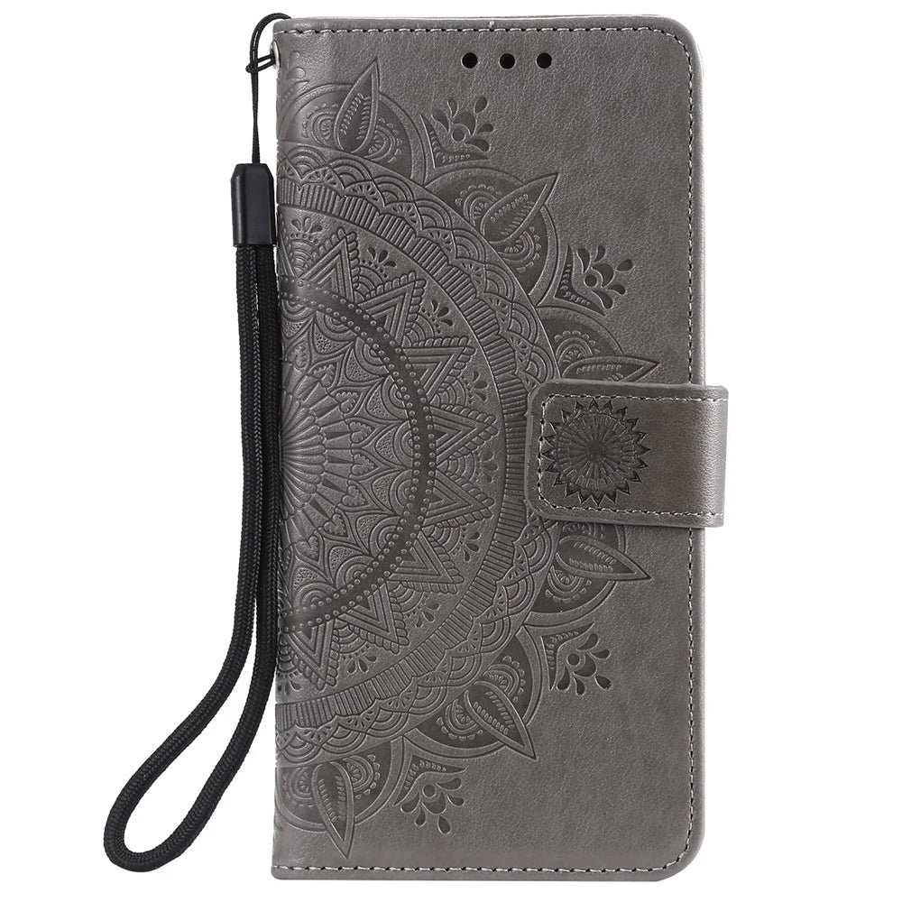 Imprinted Mandala Flower Wallet Leather Case for Samsung Galaxy S21 Ultra 5G Flip Cover - Grey - 2