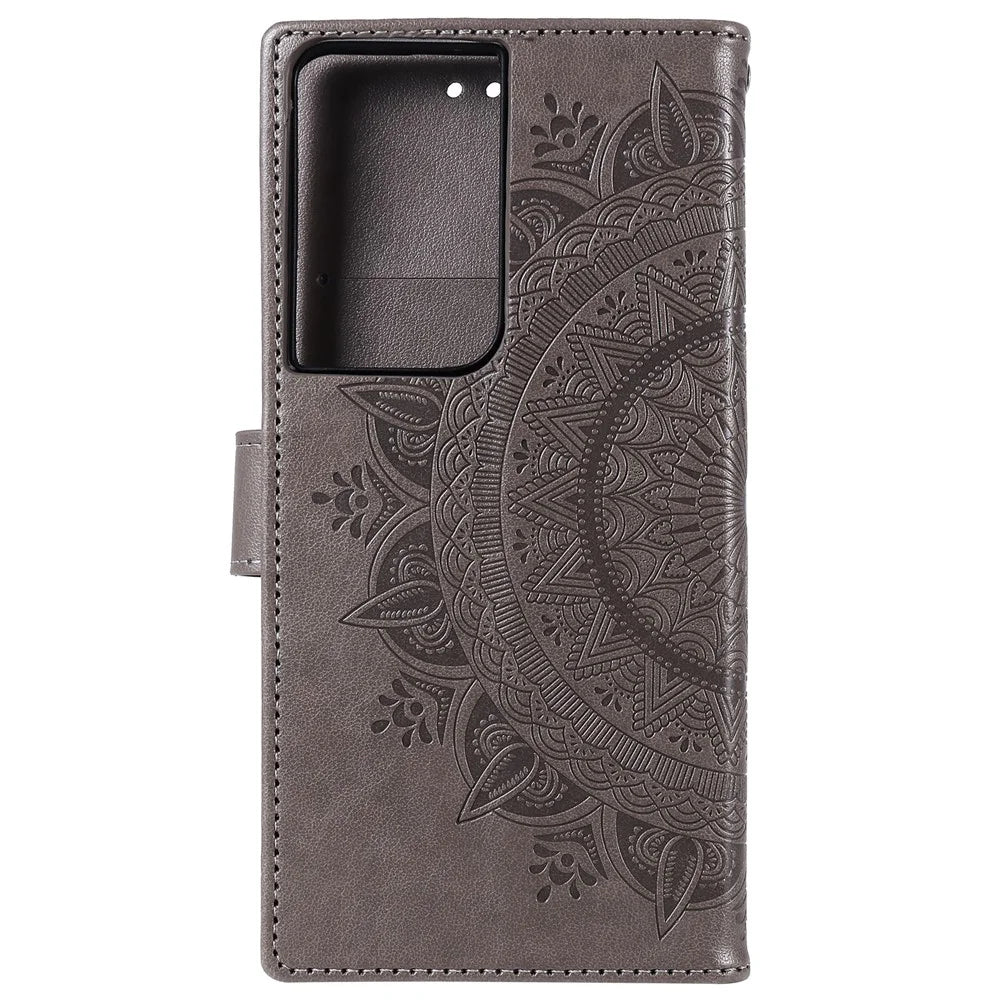Imprinted Mandala Flower Wallet Leather Case for Samsung Galaxy S21 Ultra 5G Flip Cover - Grey - 3
