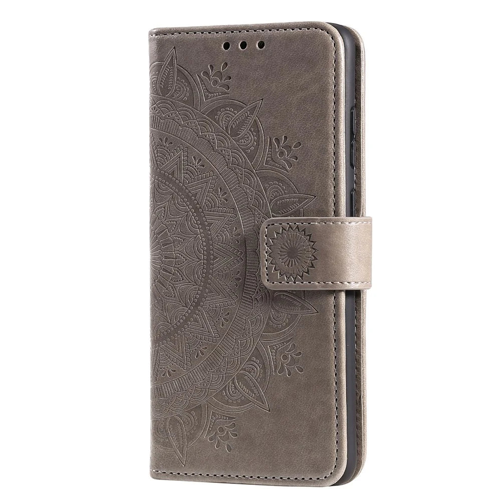 Imprinted Mandala Flower Wallet Leather Case for Samsung Galaxy S21 Ultra 5G Flip Cover - Grey - 4