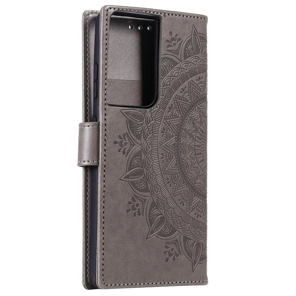 Imprinted Mandala Flower Wallet Leather Case for Samsung Galaxy S21 Ultra 5G Flip Cover - Grey - 5