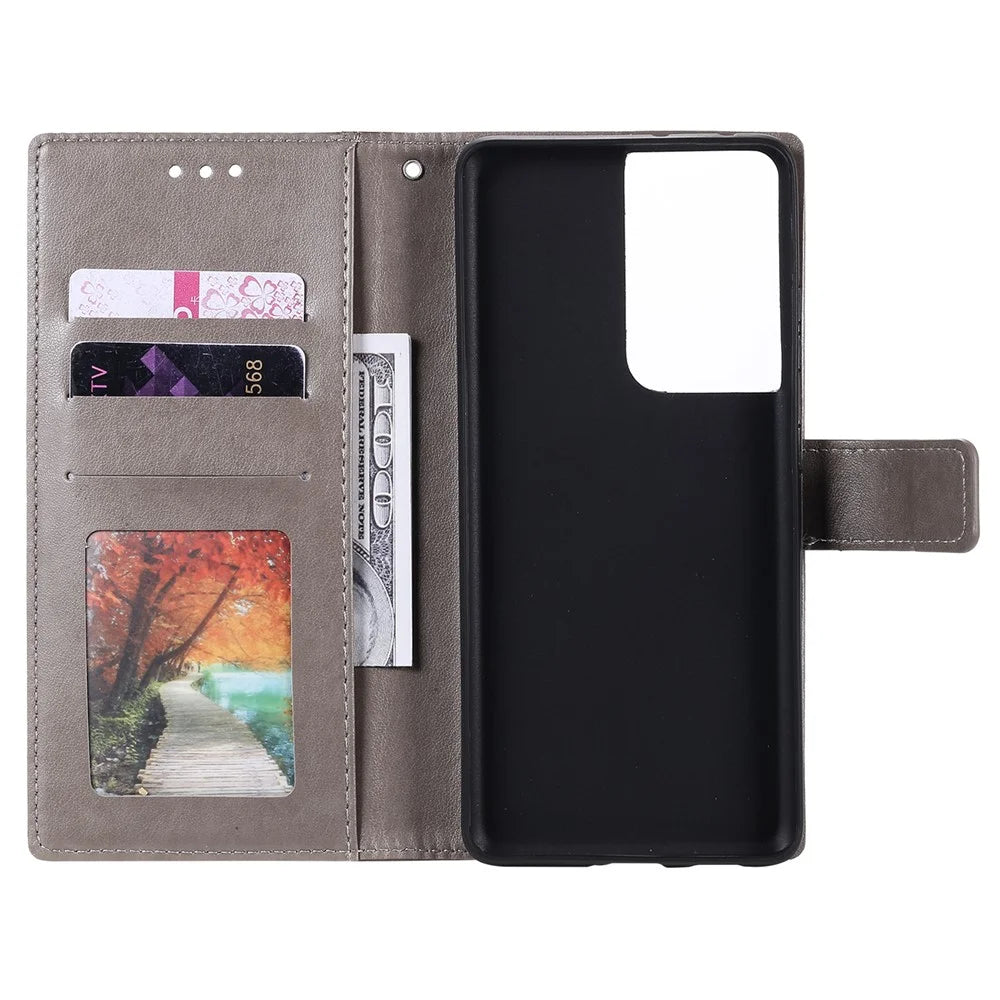 Imprinted Mandala Flower Wallet Leather Case for Samsung Galaxy S21 Ultra 5G Flip Cover - Grey - 6