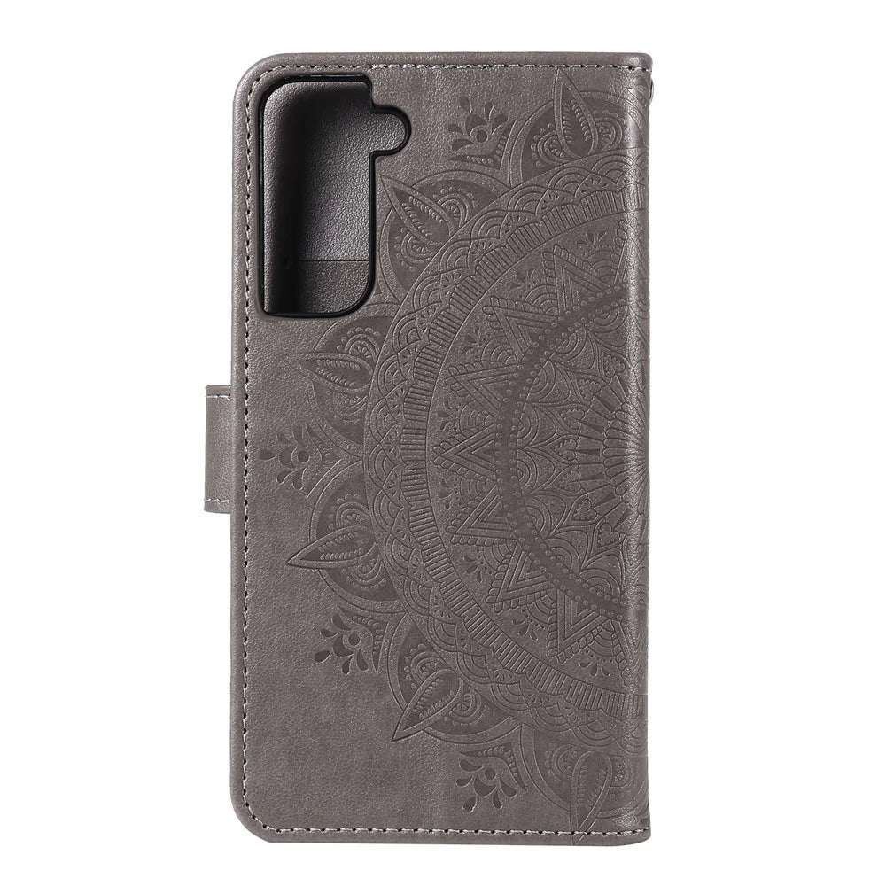 Imprinted Mandala Flower Wallet Leather Case for Samsung Galaxy S21 4G/5G Stand Flip Cover - Grey - 3