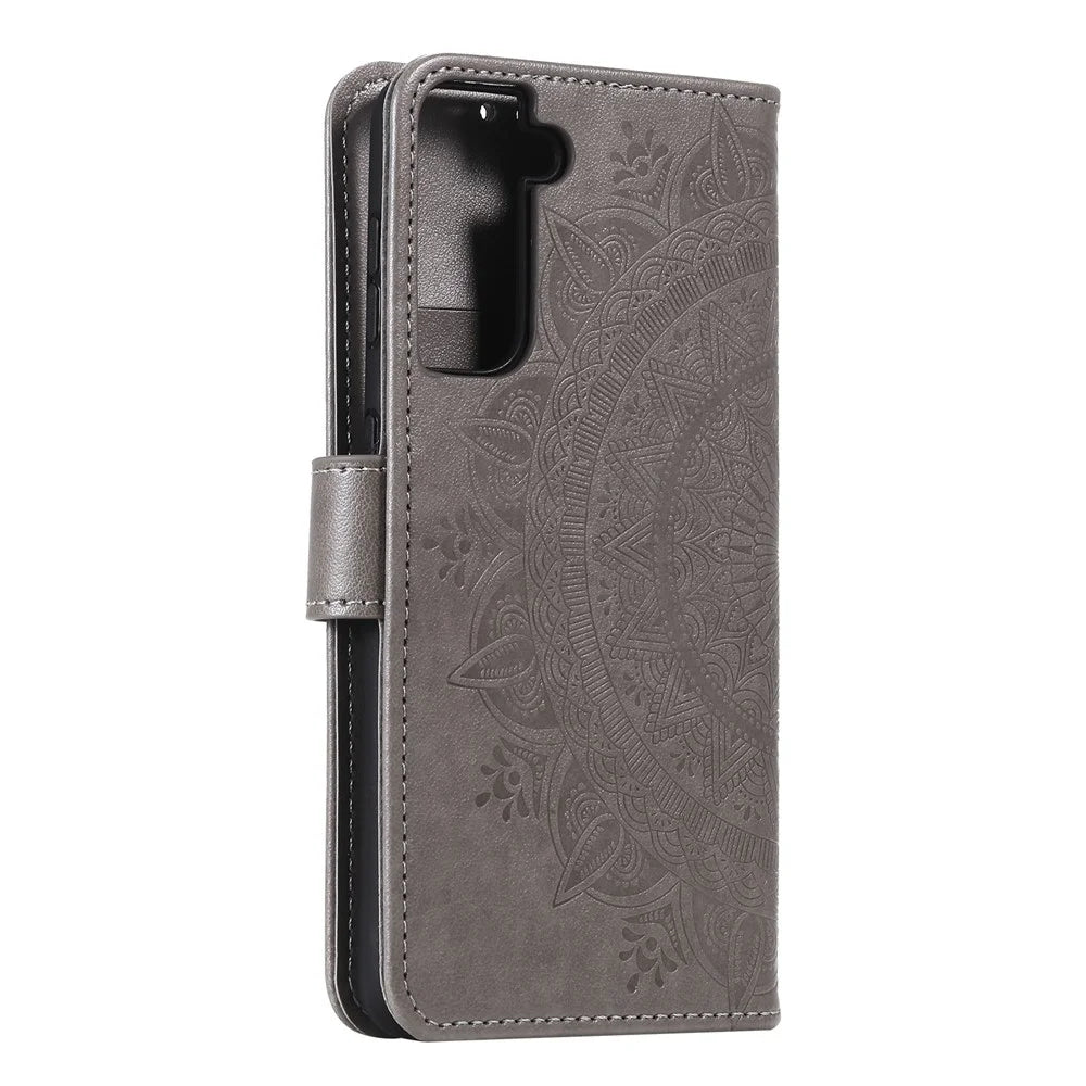 Imprinted Mandala Flower Wallet Leather Case for Samsung Galaxy S21 4G/5G Stand Flip Cover - Grey - 5