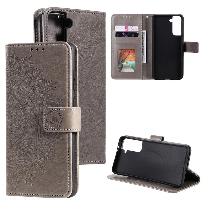 Imprinted Mandala Flower Protector Leather Case for Samsung Galaxy S21+ 5G Stand Flip Cover - Grey - 1