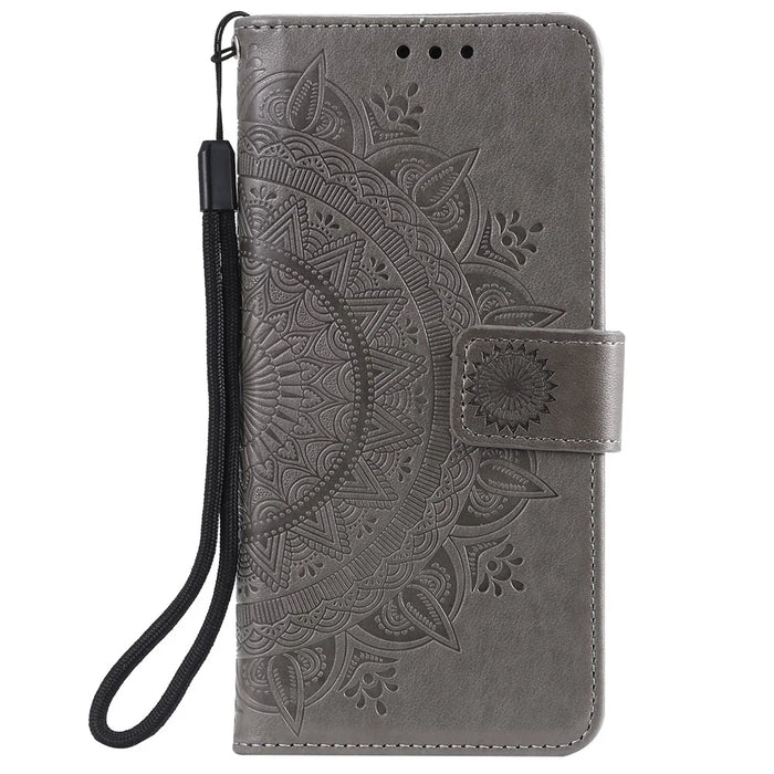 Imprinted Mandala Flower Protector Leather Case for Samsung Galaxy S21+ 5G Stand Flip Cover - Grey - 2
