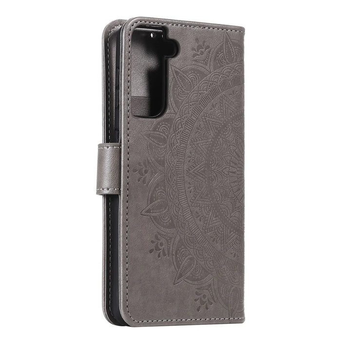 Imprinted Mandala Flower Protector Leather Case for Samsung Galaxy S21+ 5G Stand Flip Cover - Grey - 5
