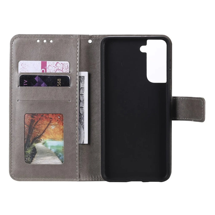 Imprinted Mandala Flower Protector Leather Case for Samsung Galaxy S21+ 5G Stand Flip Cover - Grey - 6