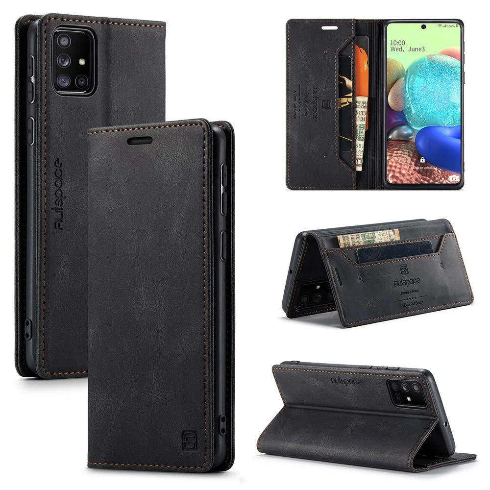 AUTSPACE A01 Series RFID Blocking Retro Matte Leather Stand Case Wallet for Samsung Galaxy A71 SM-A715 - Black - 1