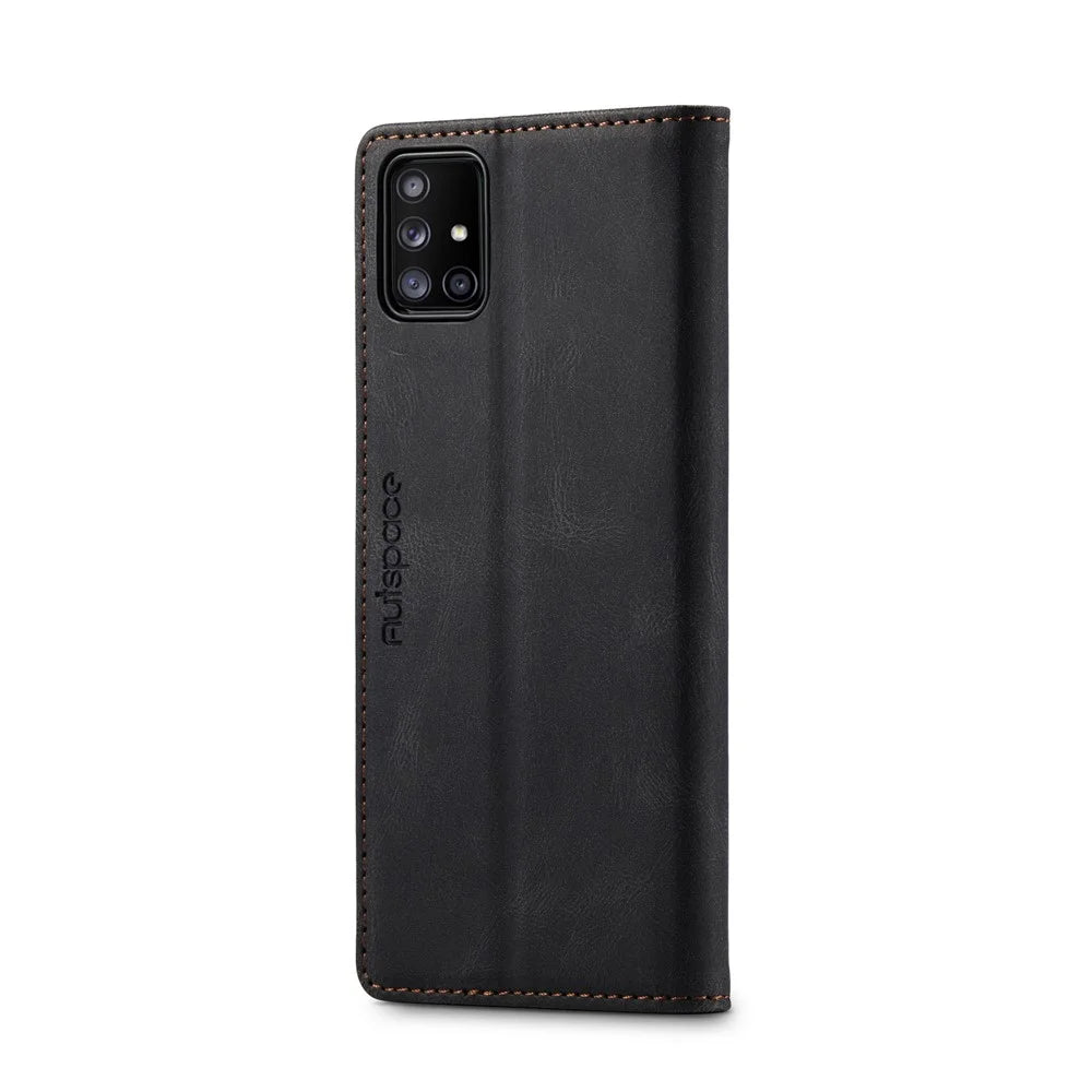 AUTSPACE A01 Series RFID Blocking Retro Matte Leather Stand Case Wallet for Samsung Galaxy A71 SM-A715 - Black - 4