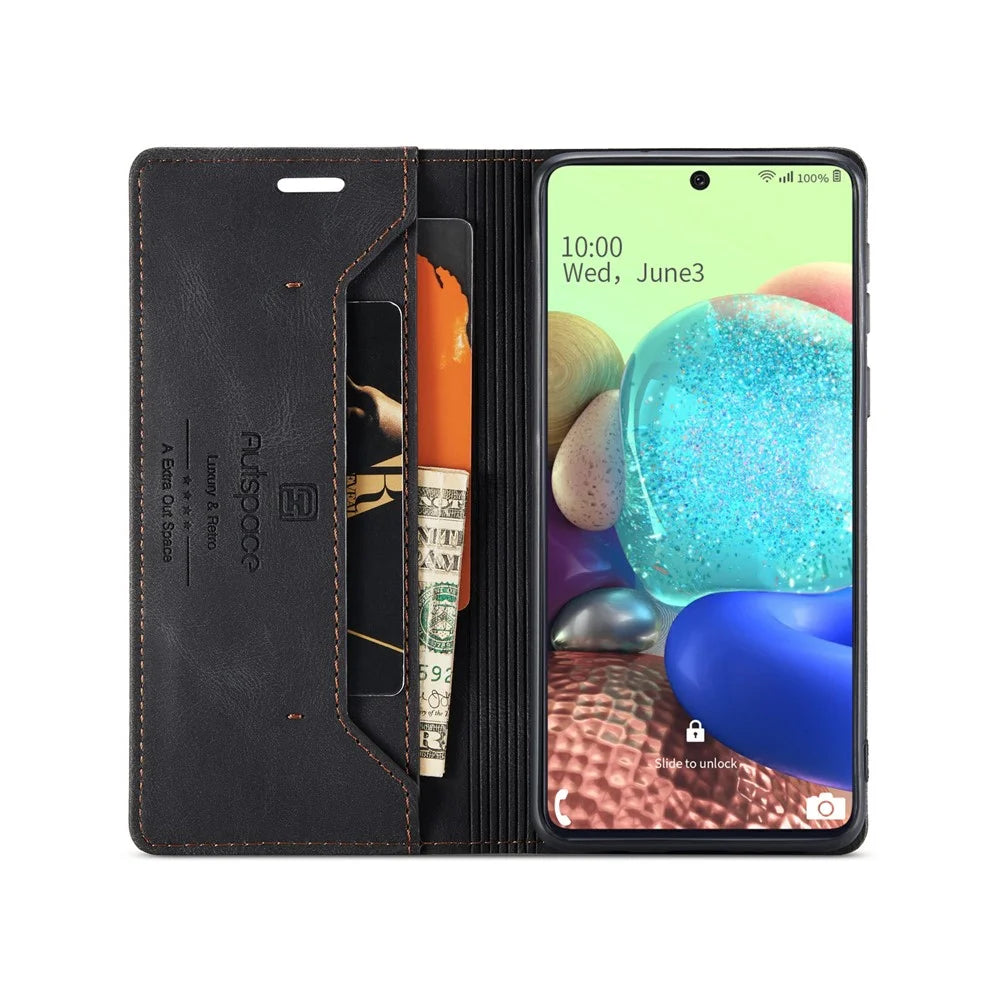 AUTSPACE A01 Series RFID Blocking Retro Matte Leather Stand Case Wallet for Samsung Galaxy A71 SM-A715 - Black - 5