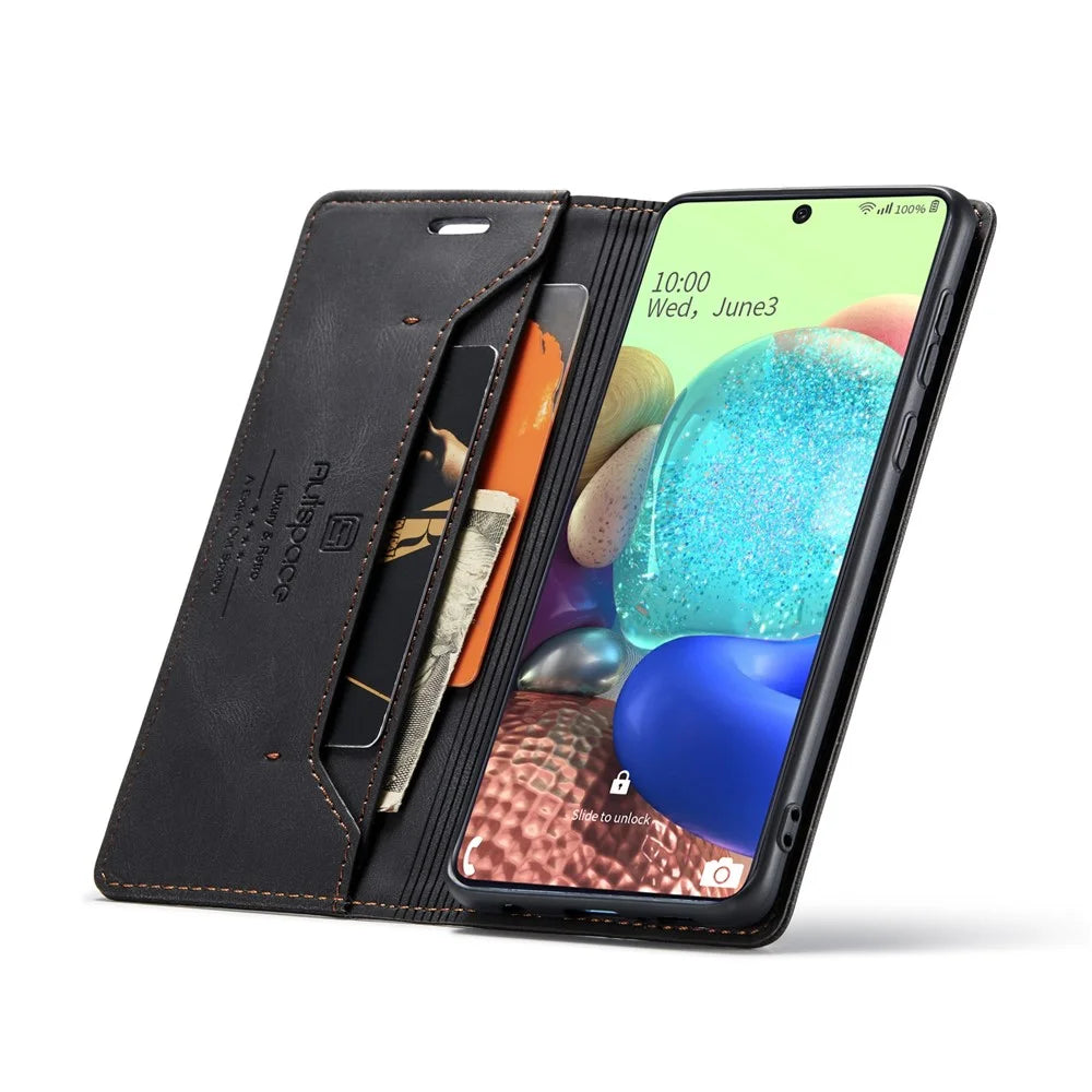 AUTSPACE A01 Series RFID Blocking Retro Matte Leather Stand Case Wallet for Samsung Galaxy A71 SM-A715 - Black - 6