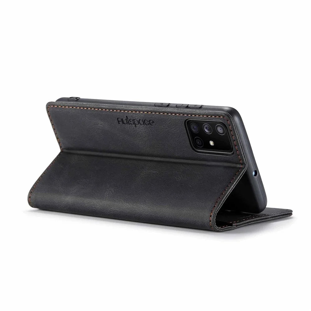 AUTSPACE A01 Series RFID Blocking Retro Matte Leather Stand Case Wallet for Samsung Galaxy A71 SM-A715 - Black - 7