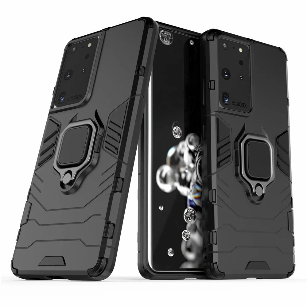 PC TPU Hybrid Case for Samsung Galaxy S21 Ultra 5G Cool Guard Ring Holder Kickstand Shell - Black - 1