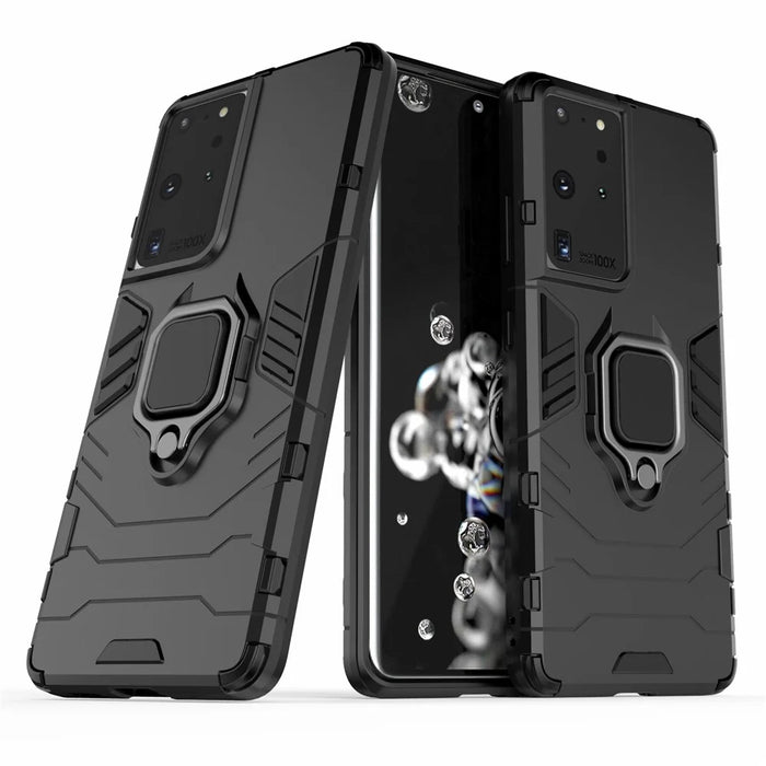 PC TPU Hybrid Case for Samsung Galaxy S21 Ultra 5G Cool Guard Ring Holder Kickstand Shell - Black - 1