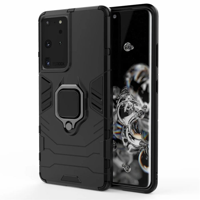 PC TPU Hybrid Case for Samsung Galaxy S21 Ultra 5G Cool Guard Ring Holder Kickstand Shell - Black - 2