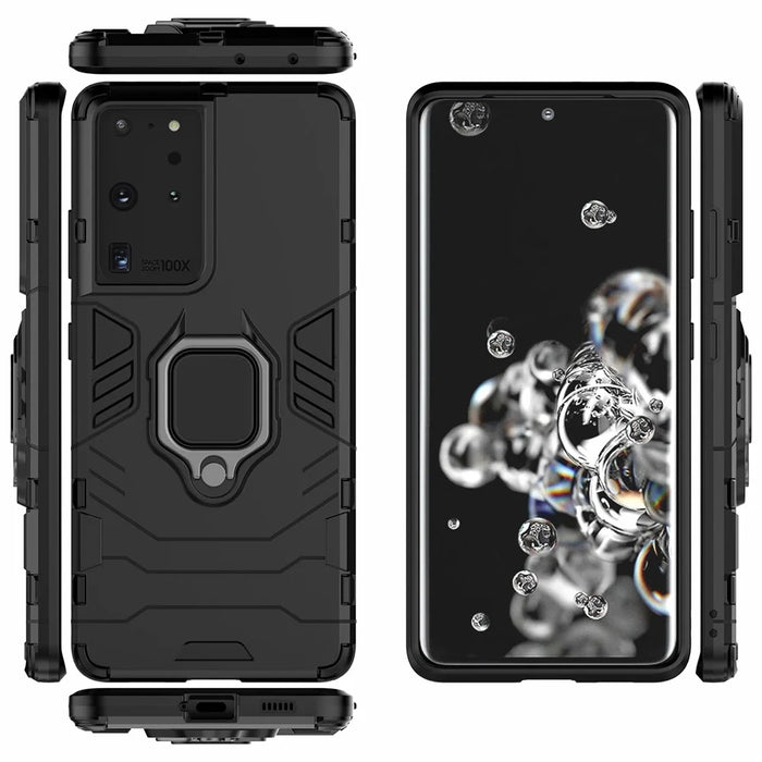 PC TPU Hybrid Case for Samsung Galaxy S21 Ultra 5G Cool Guard Ring Holder Kickstand Shell - Black - 3