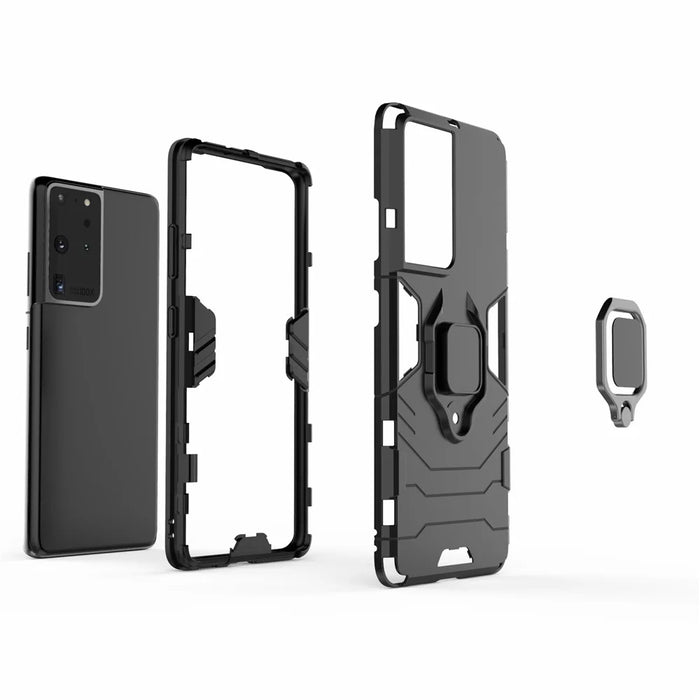 PC TPU Hybrid Case for Samsung Galaxy S21 Ultra 5G Cool Guard Ring Holder Kickstand Shell - Black - 4