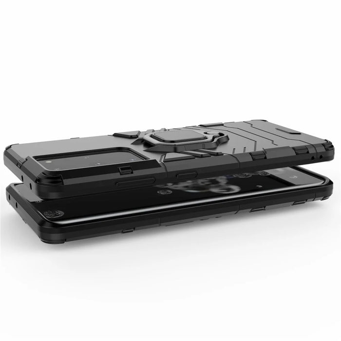 PC TPU Hybrid Case for Samsung Galaxy S21 Ultra 5G Cool Guard Ring Holder Kickstand Shell - Black - 5