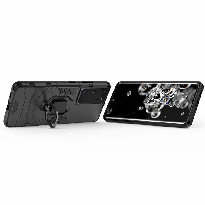 PC TPU Hybrid Case for Samsung Galaxy S21 Ultra 5G Cool Guard Ring Holder Kickstand Shell - Black - 7