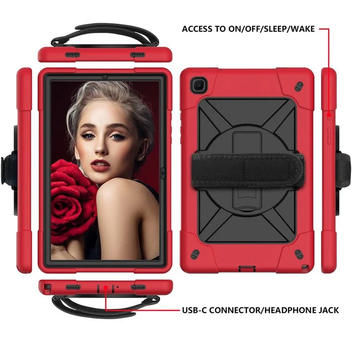 PC + TPU Hybrid Tablet Case Kickstand with Strap for Samsung Galaxy Tab A7 10.4 (2022) / (2020) - Red / Black - 5